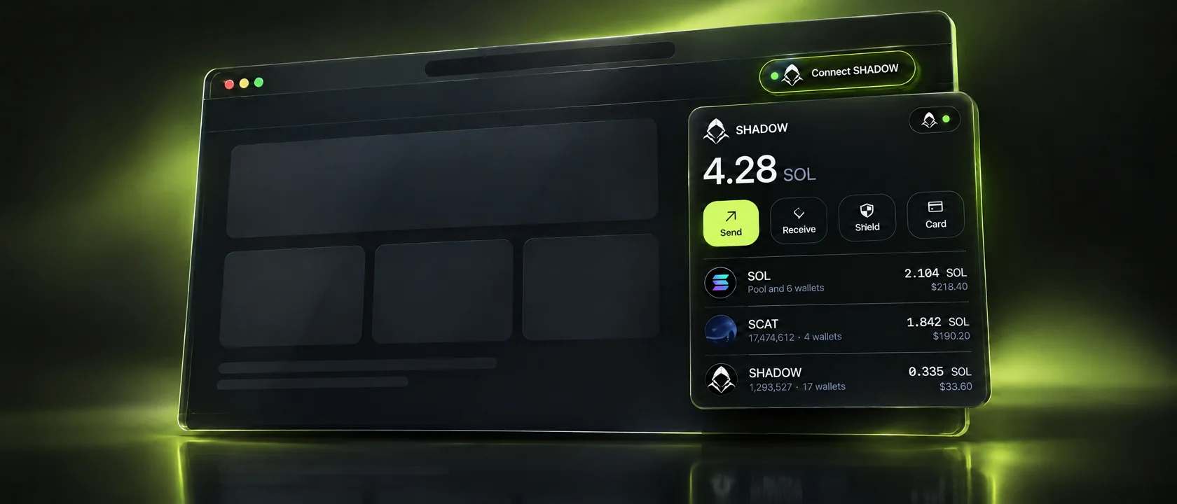 A browser tab with the Connect SHADOW button at the top right and the SHADOW wallet open beneath it: balance, send, receive, shield, card, and assets with values